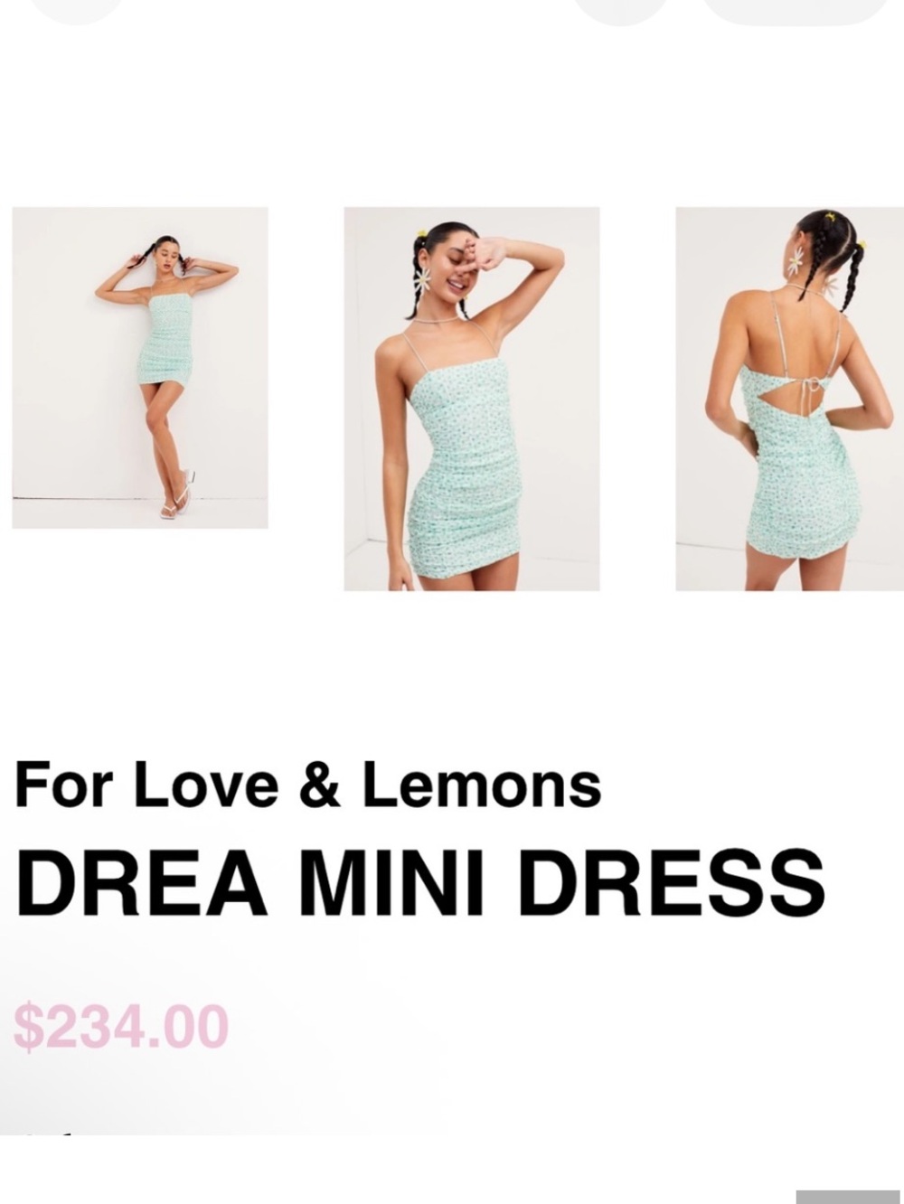 For Love And Lemons Drea Mini Dress Mint Green Ruched SZ S NWT